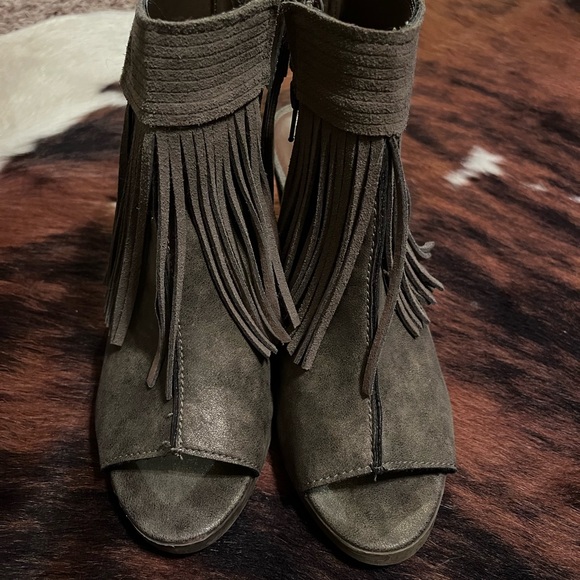 Sugar Shoes - Sugar Taupe Fringed Peep-Toe Booties